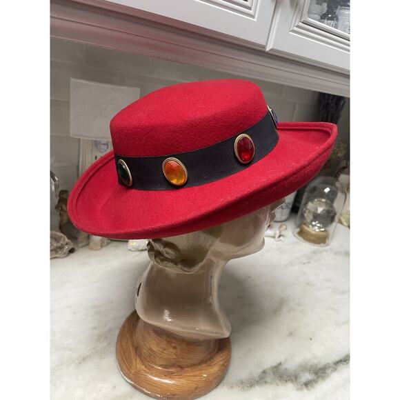 Vintage Red Felt Rhinestone Red Purple Blue Clear Green Hat 1980’s Jody Watley main image 9